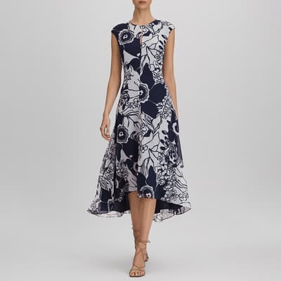 Navy Becci Floral Printed Midi Dress