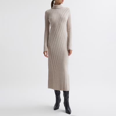 Beige Cady Roll Neck Wool Blend Dress