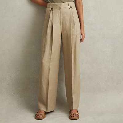 Beige Leila Wide Leg  Linen Trousers