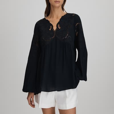 Navy Noa Lace Insert Blouse