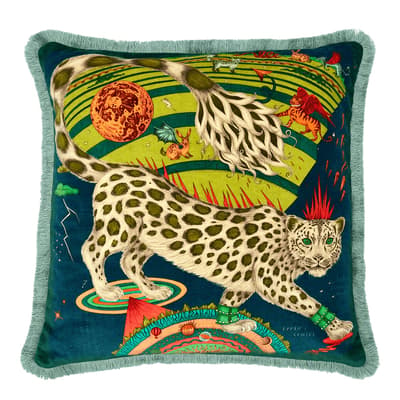 Snow Leopard Luxury Velvet Cushion 46x46cm, Forest