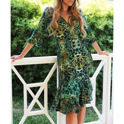 Emerald Leopard Midi Ruffle Wrap Dress