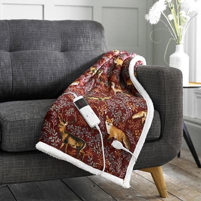 Fox & Deer Heated Throw 140x180cm, Mulberry