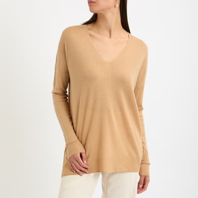 Beige V-Neck Wool & Cashmere Blend Jumper