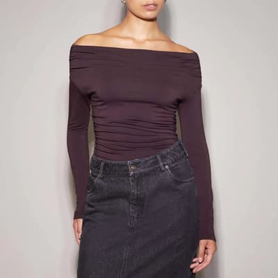 Brown Ruched Bardot Top