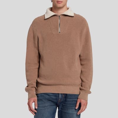 Brown Mock Neck Cotton Half Zip Jumper