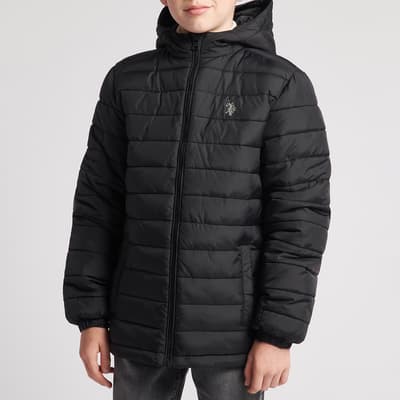 Boy's Black Hooded Quilted Jacket