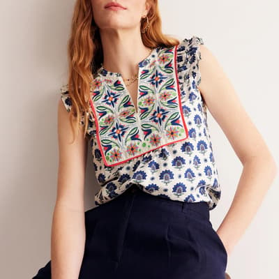 Navy Frill Detail Embroidered Top