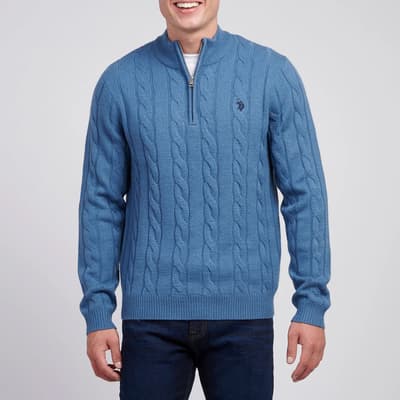 Blue Half Zip Cable Knit Jumper