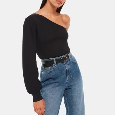 Black Ribbed One Shoulder Cotton Blend Top