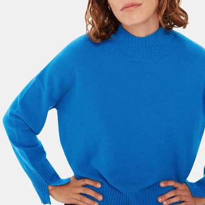 Blue Double Trim Funnel Neck Wool Jumper