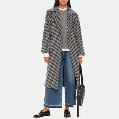 Black Celia Houndstooth Wool Blend Wrap Coat