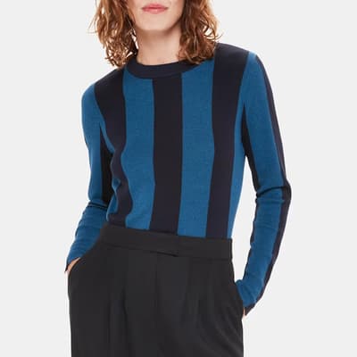 Blue Vertical Stripe Cotton Blend Top