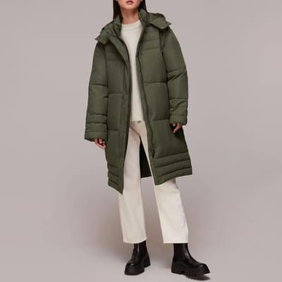 Khaki Becky Longline Hooded Puffer Coat