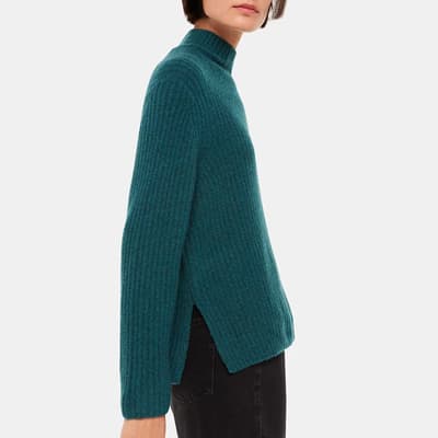 Teal Ribbed Funnel Neck Wool Blend Jumper