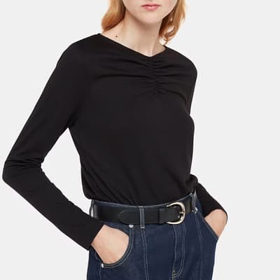 Black High V-Neck Ruched Top