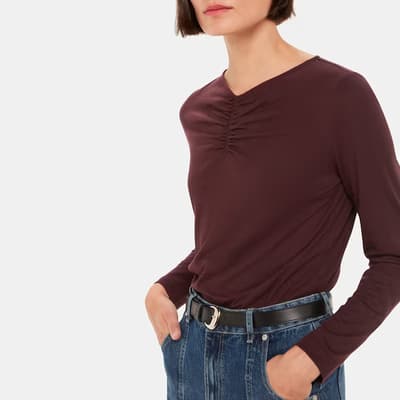 Burgundy High V-Neck Ruched Cotton Blend Top