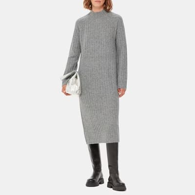 Grey Ribbed Wool Blend Midi Dress 