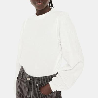 White Textured Puff Sleeve Cotton Blend Top