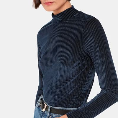 Navy Velvet Stripe High Neck Top