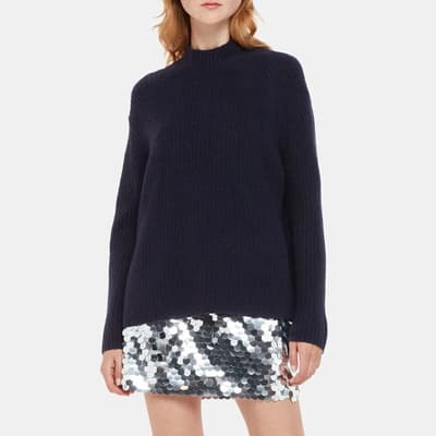 Navy Ribbed Funnel Wool Blend Jumper