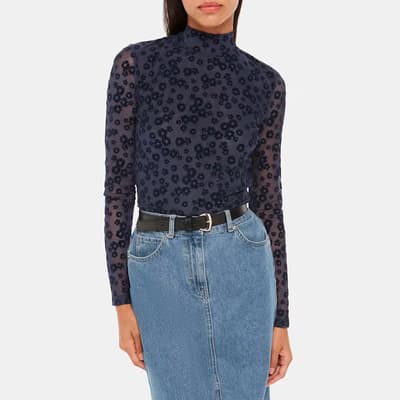 Navy Flower High Neck Mesh Top 