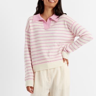 Pink Stripe Cashmere Wool Blend Collar Jumper 