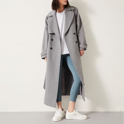 Grey Wool Blend Belted Trench Coat