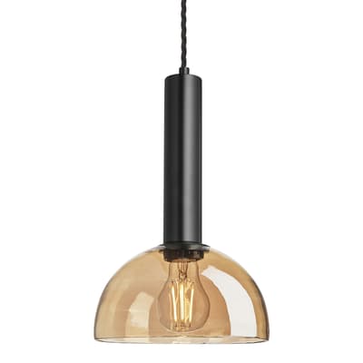 Sleek Cylinder Tinted Glass Dome Pendant Light - 8 Inch - Amber - Black Holder