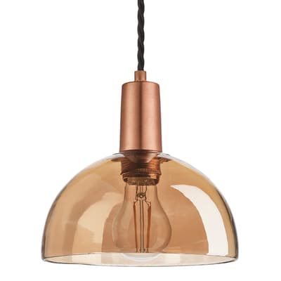 Sleek Tinted Glass Dome Pendant - 8 Inch - Amber - Copper Holder