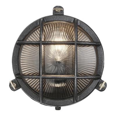 Bulkhead Outdoor & Bathroom Round Light - 8 Inch - Black - Ribbed Glass