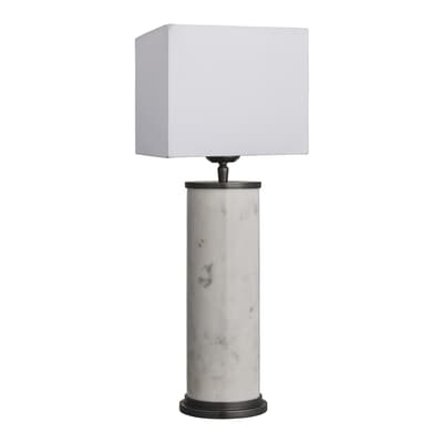 Marble Pillar Cylinder Table Lamp - White with Pewter - White Cube Shade