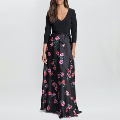 Black Athena Print Floral Satin Dress