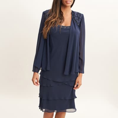 Navy Camira Lace Shoulder Bead Tier Dress