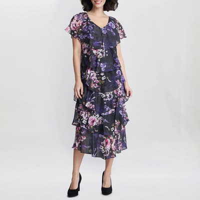 Black Leticia Floral Print Midi Tiered Dress