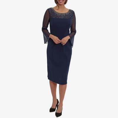 Navy Maurine Beaded Neckline Sheath Dress