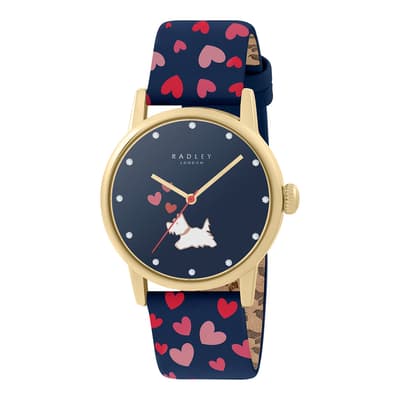 Heart Print Navy leather Strap Ladies Watch 