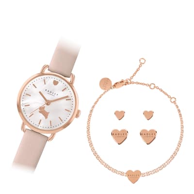 Ladies Rose Gold Watch, Earrings & Bracelet