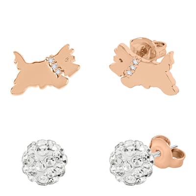 18ct Rose Gold Plated Clear Stone Set Fireball and Jumping Dog Twin Pack Earrings