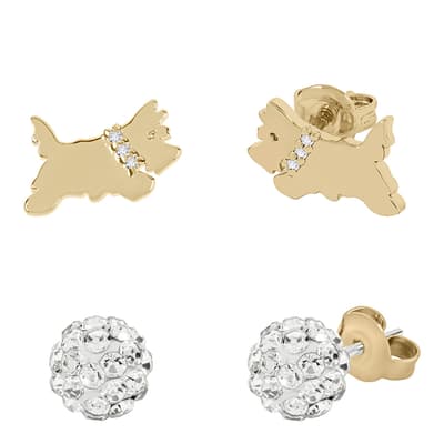 18ct Pale Gold Plated Clear Stone Set Fireball and Jumping Dog Twin Pack Earrings