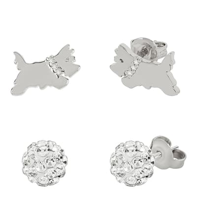  Silver Plated Clear Stone Set Fireball and Jumping Dog Twin Pack Earrings