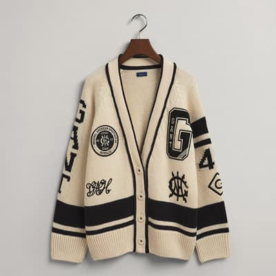 Cream Varsity  Wool Blend Cardigan