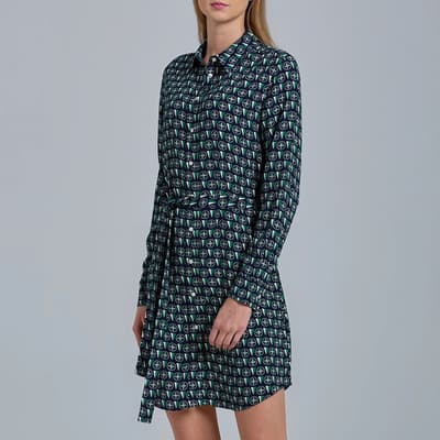 Navy Geometric Belted Shirt Dress