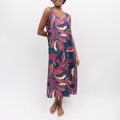 Navy Southbank Leaf Print Long Nightdress