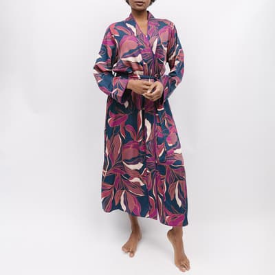 Navy Southbank Leaf Print Dressing Gown