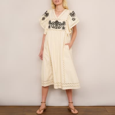 Cream Calista Embroidered Cotton Dress