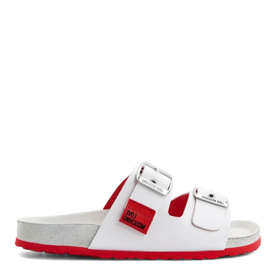 White/Red Leather Buckle Flat Sandals
