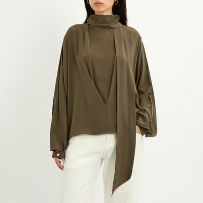 Khaki Scarf Neck Silk Blouse