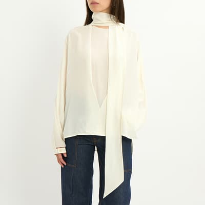 Cream Scarf Neck Silk Blouse