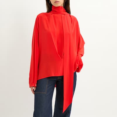 Red Scarf Neck Silk Blouse